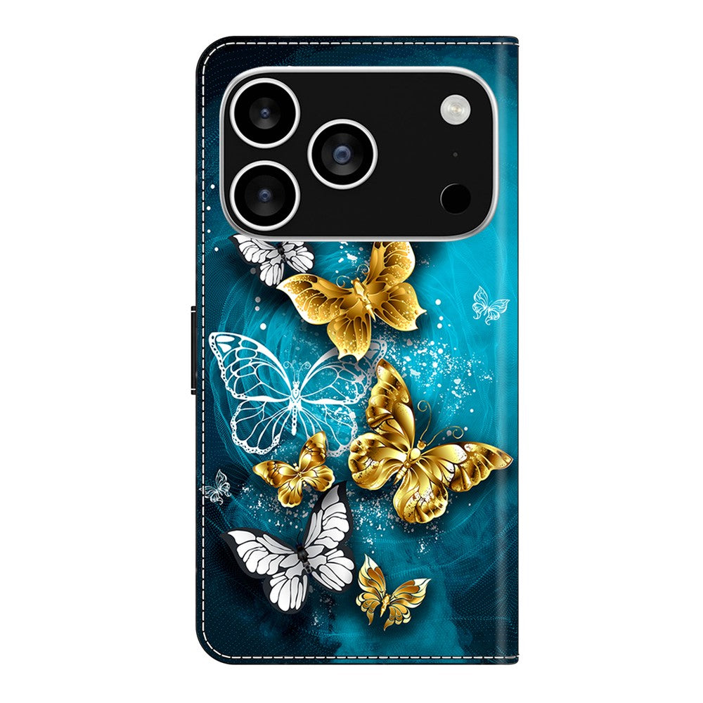 For iPhone 17 Pro Max Case Wallet Stand Pattern Printing PU Leather Flip Phone Cover - Gold Butterfly on Green