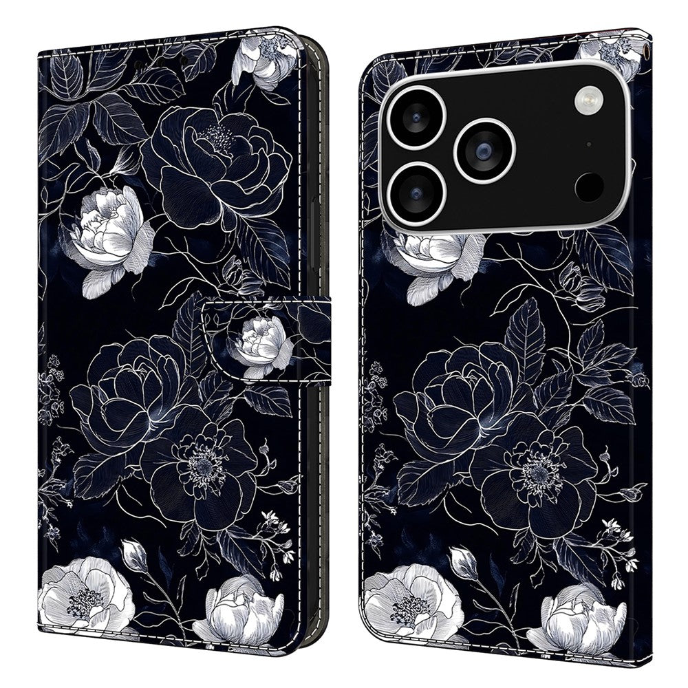 For iPhone 17 Pro Max Case Wallet Stand Pattern Printing PU Leather Flip Phone Cover - Vintage Flowers