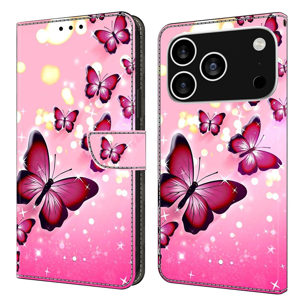 For iPhone 17 Pro Max Case Wallet Stand Pattern Printing PU Leather Flip Phone Cover - Pink Butterfly