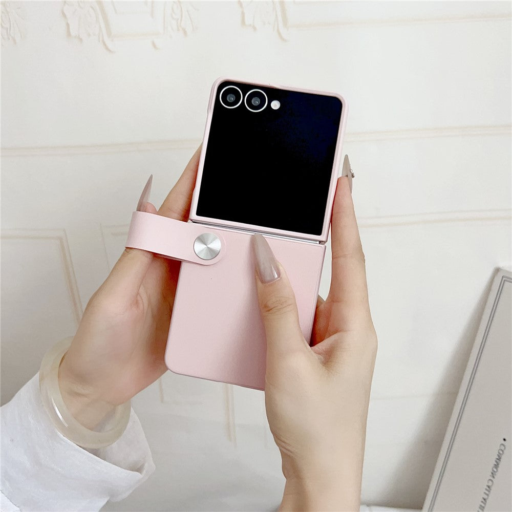 For Samsung Galaxy Z Flip7 5G Case PU Leather + PC Phone Cover with Grip Strap - Pink