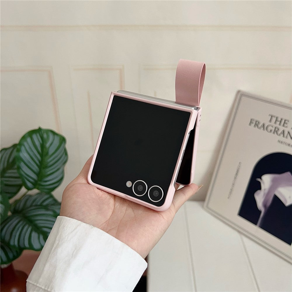 For Samsung Galaxy Z Flip7 5G Case PU Leather + PC Phone Cover with Grip Strap - Pink