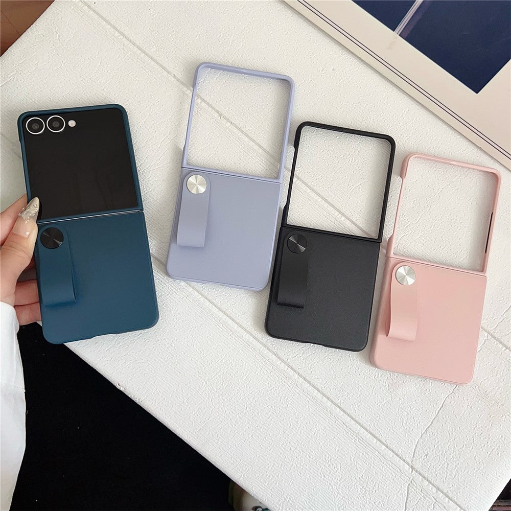 For Samsung Galaxy Z Flip7 5G Case PU Leather + PC Phone Cover with Grip Strap - Pink