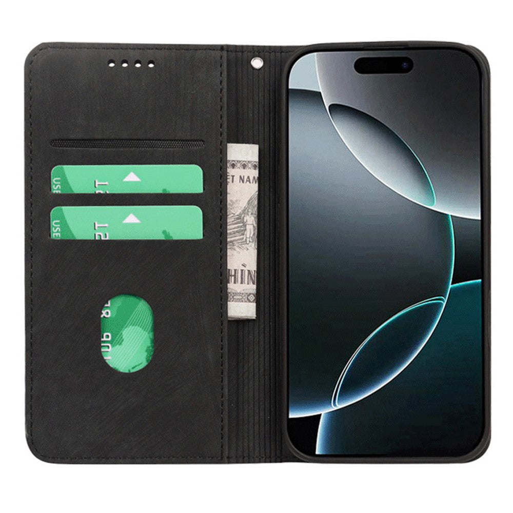 For iPhone 17 Pro Max Case Strong Magnetic Leather Wallet Phone Cover with Striped Texture - Black