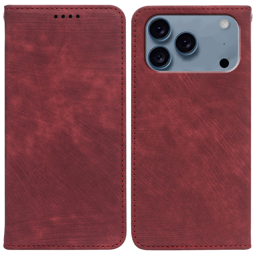 For iPhone 17 Pro Max Case Strong Magnetic Leather Wallet Phone Cover with Striped Texture - Red