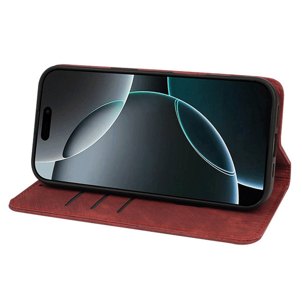 For iPhone 17 Pro Max Case Strong Magnetic Leather Wallet Phone Cover with Striped Texture - Red