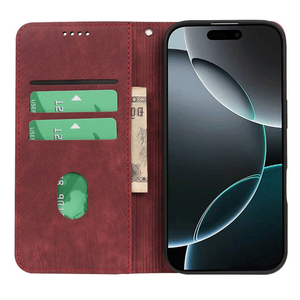 For iPhone 17 Pro Max Case Strong Magnetic Leather Wallet Phone Cover with Striped Texture - Red