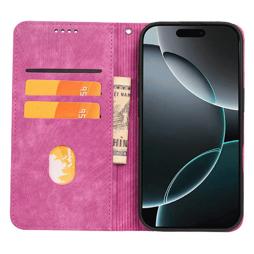 For iPhone 17 Pro Max Case Strong Magnetic Leather Wallet Phone Cover with Striped Texture - Rose