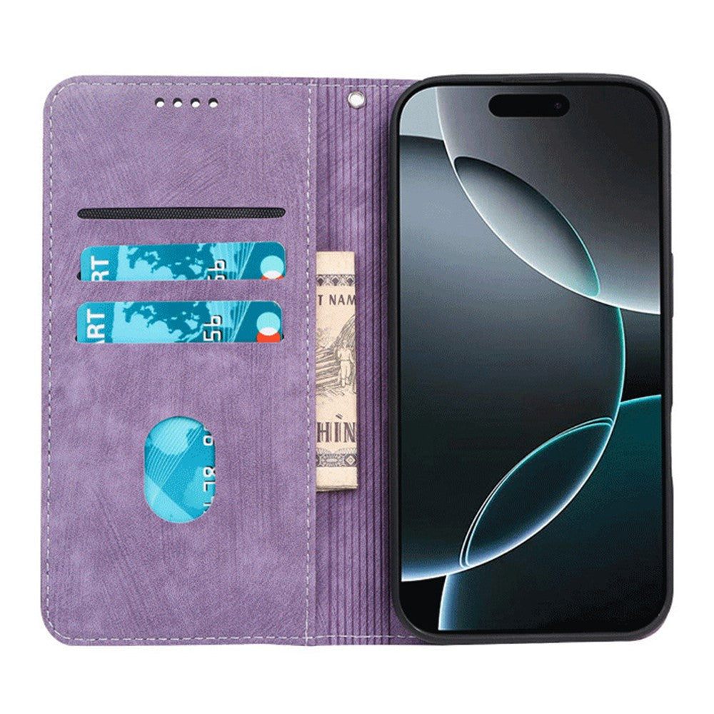 For iPhone 17 Pro Max Case Strong Magnetic Leather Wallet Phone Cover with Striped Texture - Purple