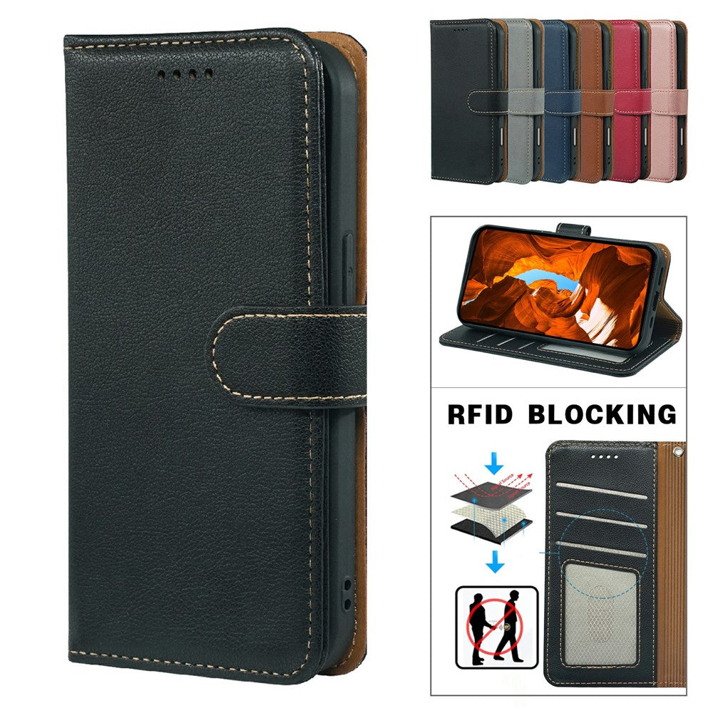 For iPhone 17 Pro Max Case RFID Blocking Wallet Litchi Texture Leather Phone Cover Magnetic Clasp - Black