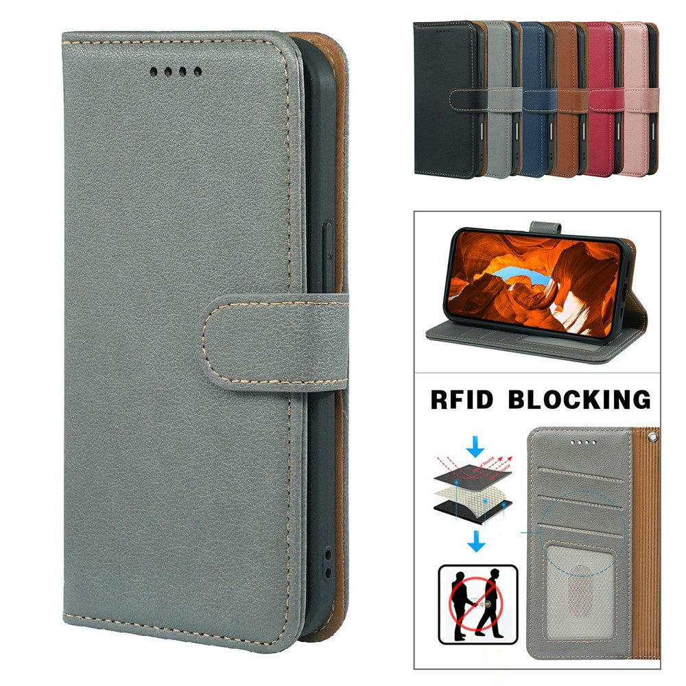 For iPhone 17 Pro Max Case RFID Blocking Wallet Litchi Texture Leather Phone Cover Magnetic Clasp - Grey