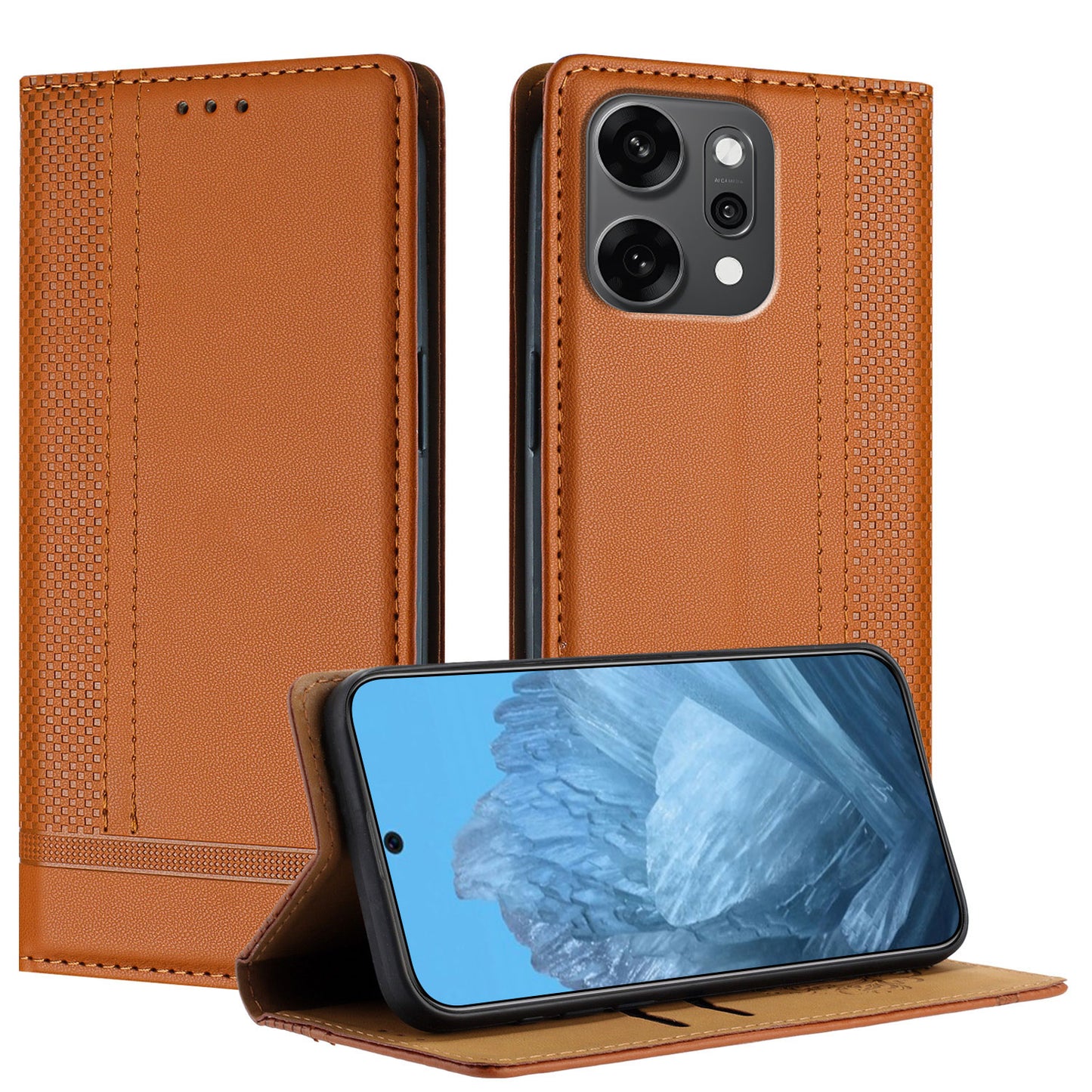 For Oppo Reno14 Pro 5G (China) / Oppo Reno14 Pro 5G (Global) Case L-Shaped Grid Pattern Leather Stand Phone Cover with Card Slots - Brown
