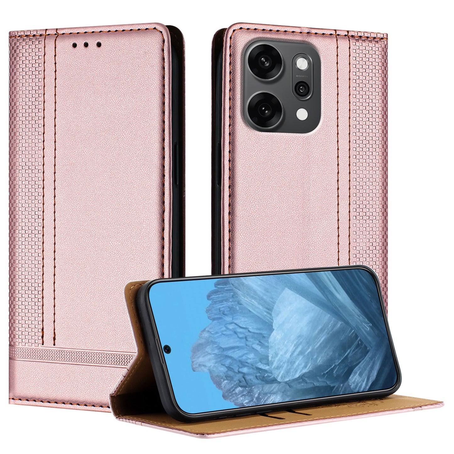 For Oppo Reno14 Pro 5G (China) / Oppo Reno14 Pro 5G (Global) Case L-Shaped Grid Pattern Leather Stand Phone Cover with Card Slots - Rose Gold