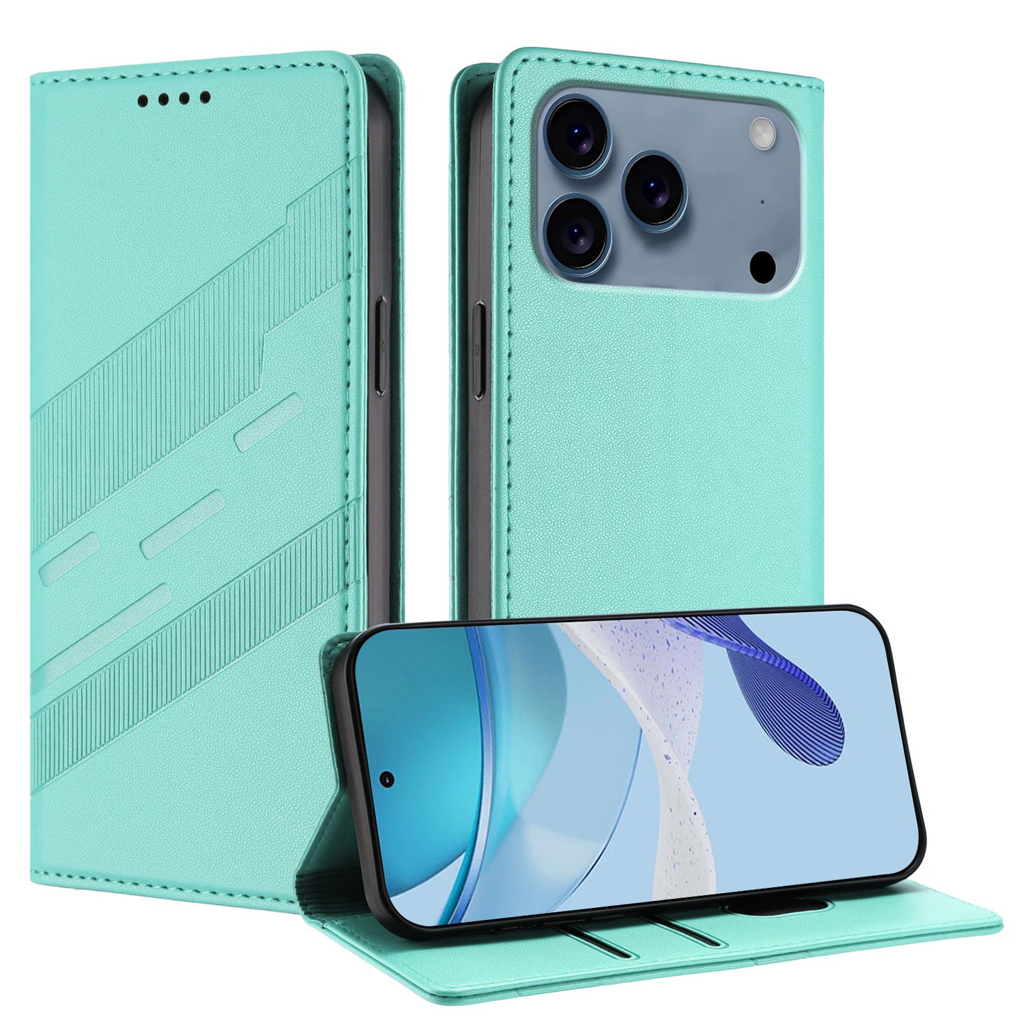 For iPhone 17 Pro Max Phone Cases Punk Style Imprinted Wallet Stand Leather Cover - Mint Green
