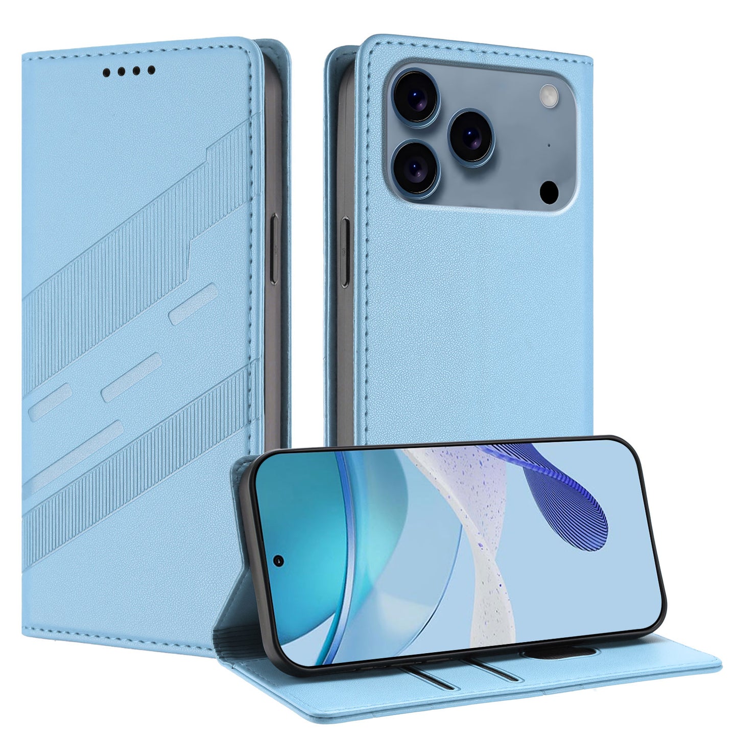 For iPhone 17 Pro Max Phone Cases Punk Style Imprinted Wallet Stand Leather Cover - Baby Blue