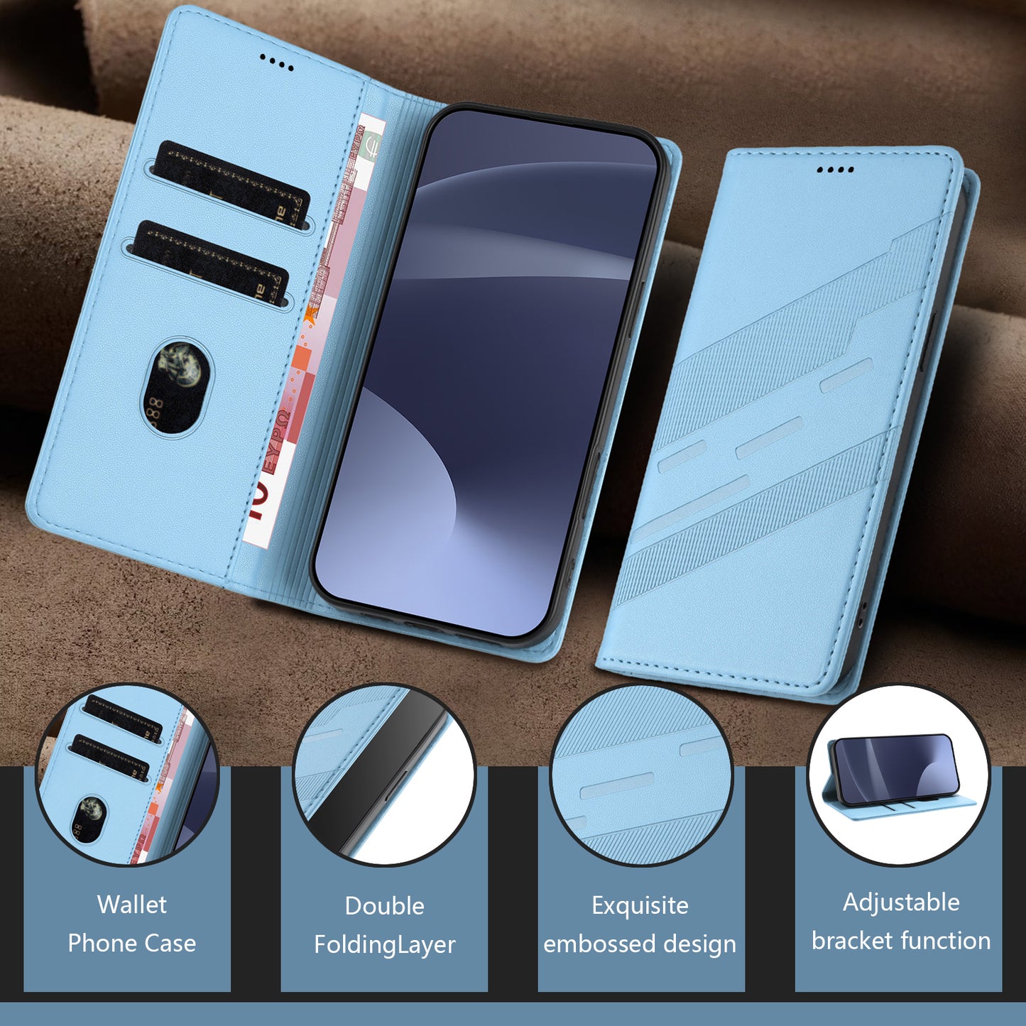 For iPhone 17 Pro Max Phone Cases Punk Style Imprinted Wallet Stand Leather Cover - Baby Blue