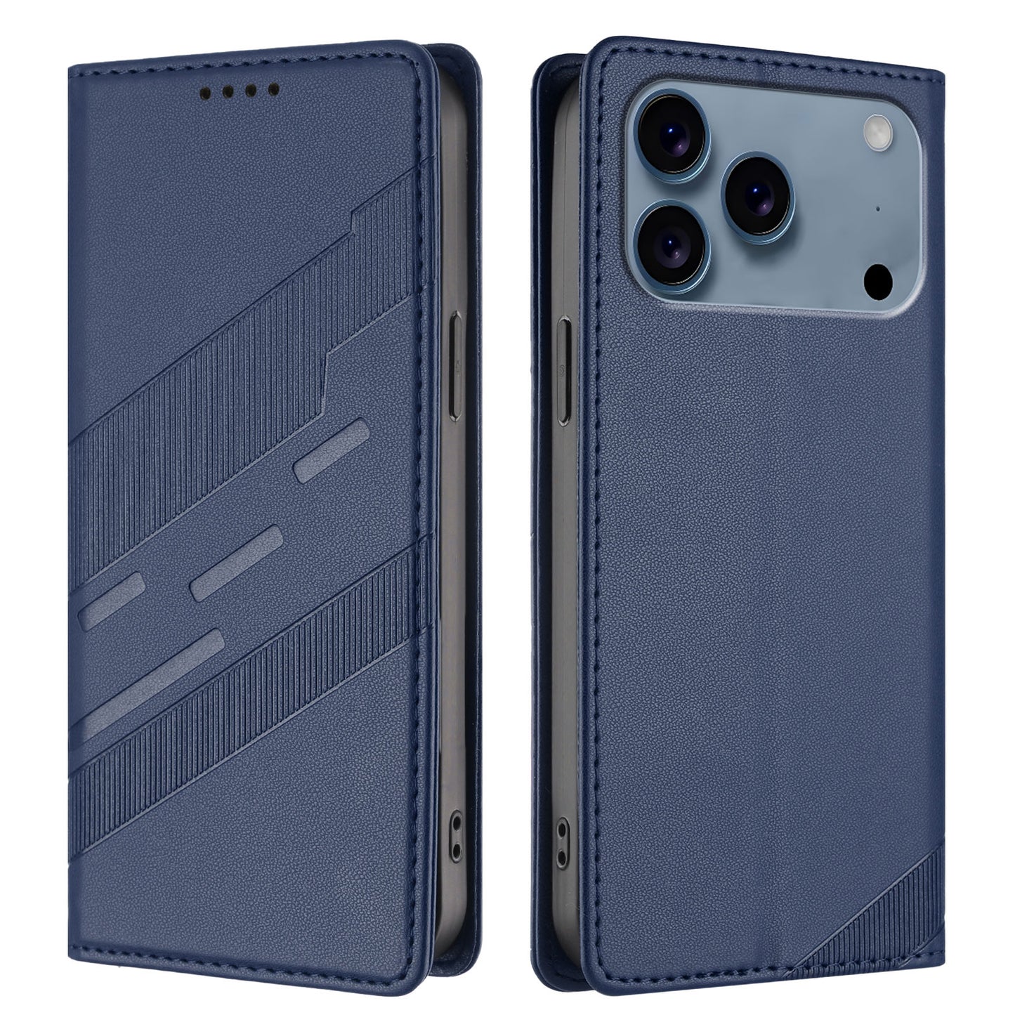 For iPhone 17 Pro Max Phone Cases Punk Style Imprinted Wallet Stand Leather Cover - Dark Blue