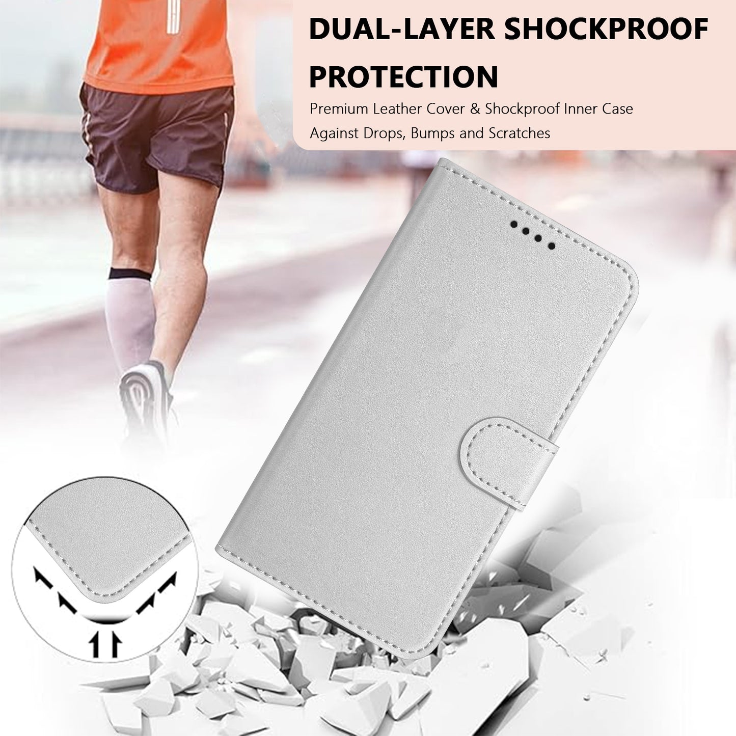 For Oppo Reno14 Pro 5G (China) / Oppo Reno14 Pro 5G (Global) Leather Case Wallet Stand Solid Color Anti Drop Phone Cover - Silver