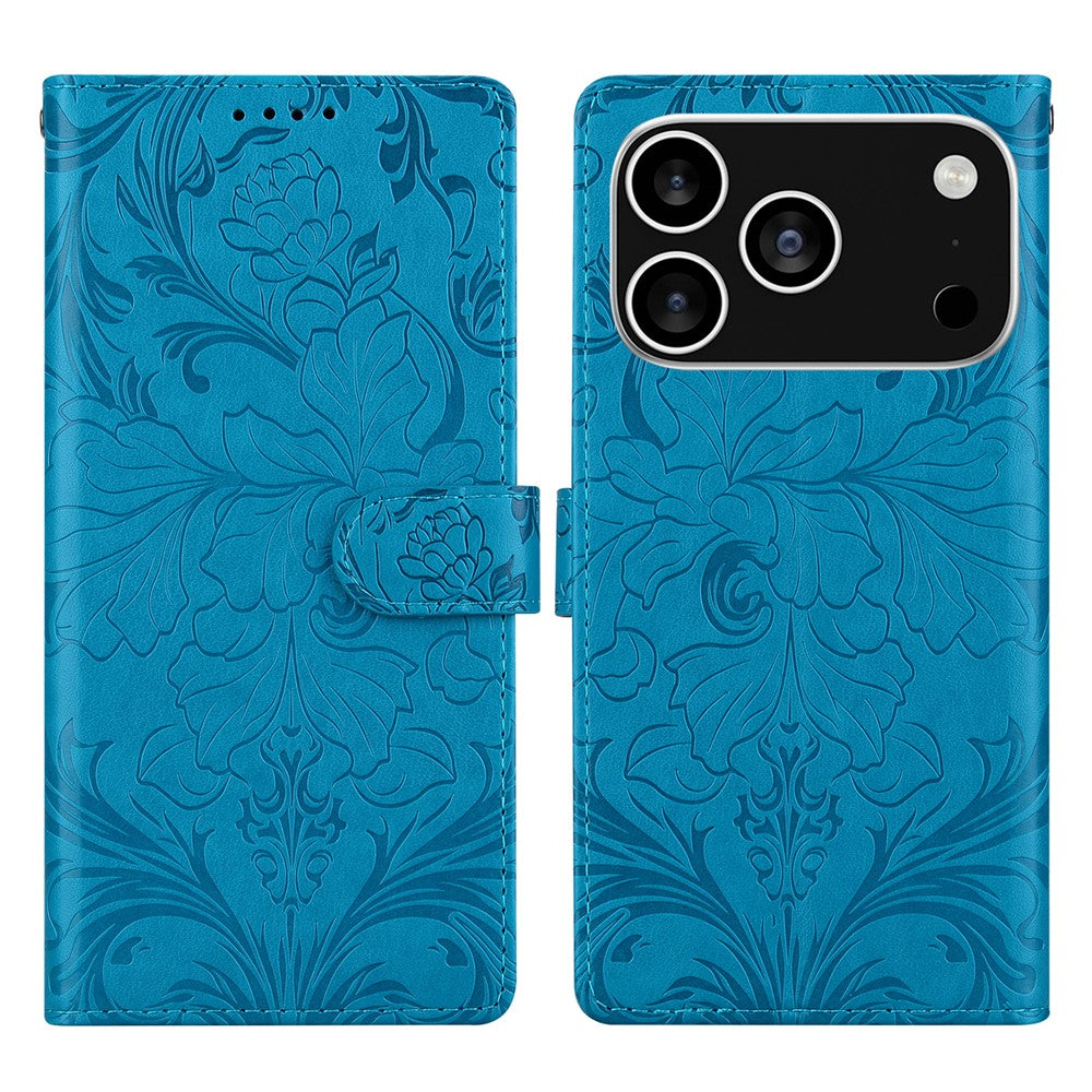 For iPhone 17 Pro Max Leather Case Imprinted Floral Pattern Wallet Stand Flip Phone Cover - Blue