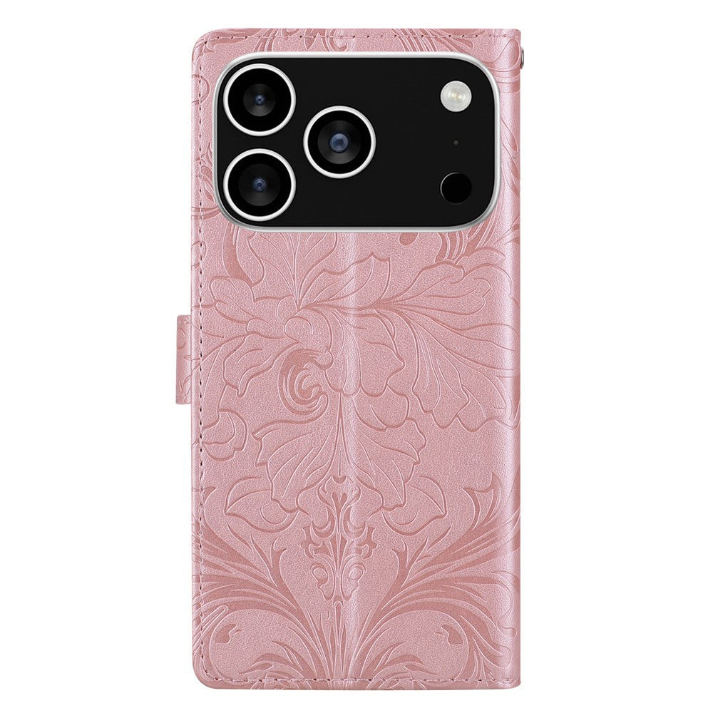 For iPhone 17 Pro Max Leather Case Imprinted Floral Pattern Wallet Stand Flip Phone Cover - Pink