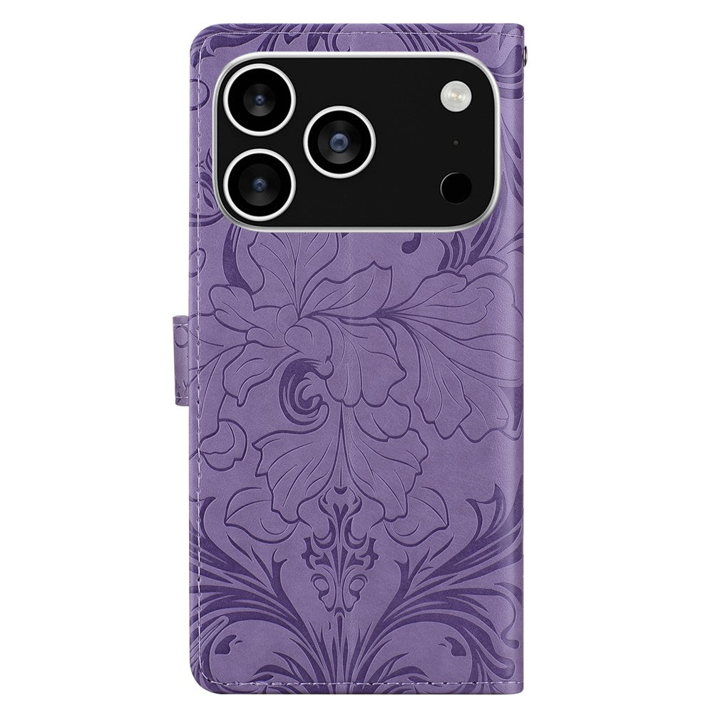 For iPhone 17 Pro Max Leather Case Imprinted Floral Pattern Wallet Stand Flip Phone Cover - Purple
