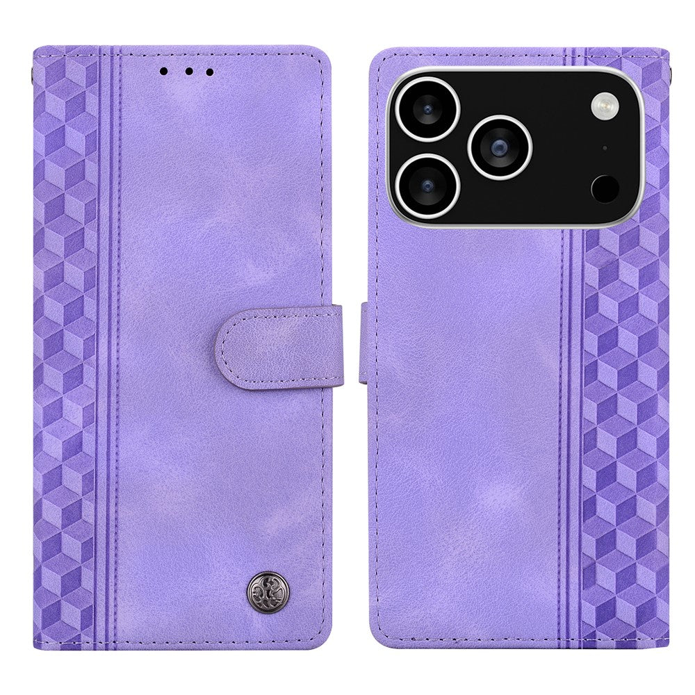 For iPhone 17 Pro Max Leather Case Imprinted Checkered Pattern Wallet Stand Flip Phone Cover - Purple