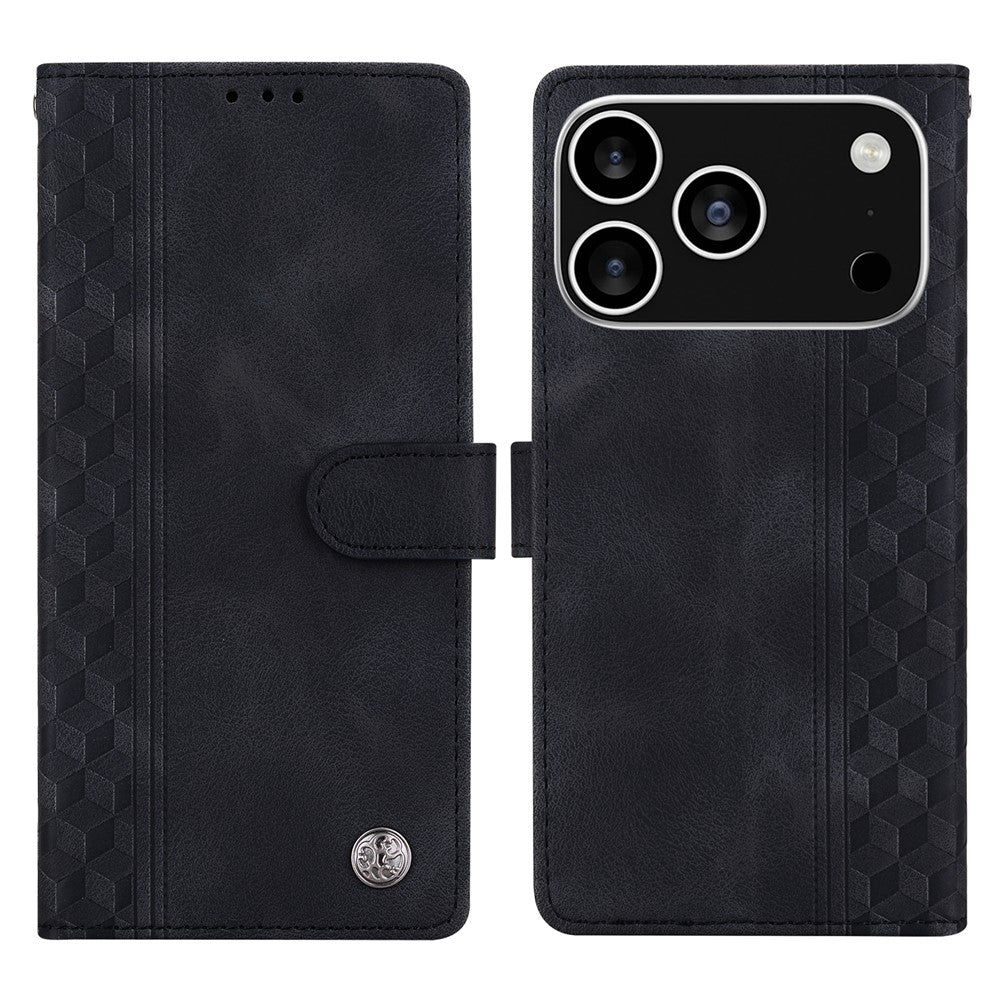 For iPhone 17 Pro Max Leather Case Imprinted Checkered Pattern Wallet Stand Flip Phone Cover - Black