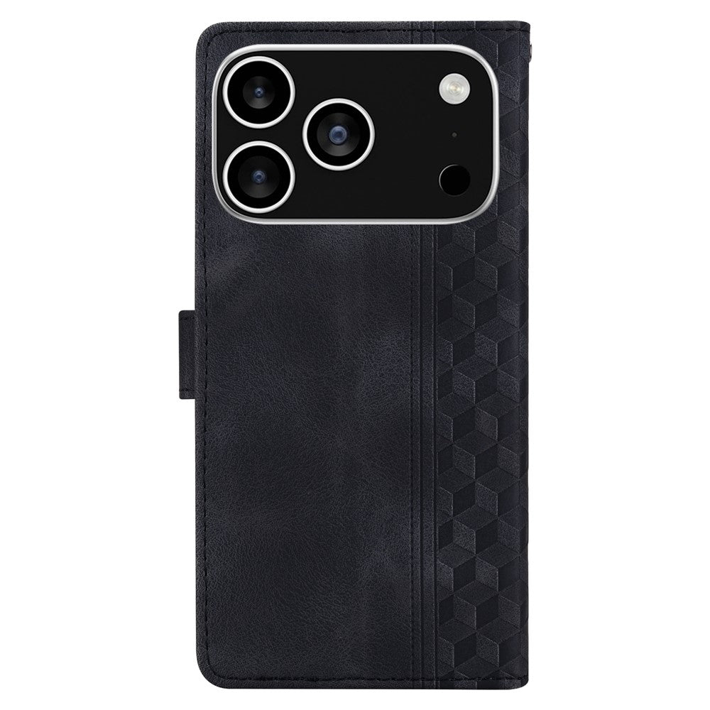 For iPhone 17 Pro Max Leather Case Imprinted Checkered Pattern Wallet Stand Flip Phone Cover - Black