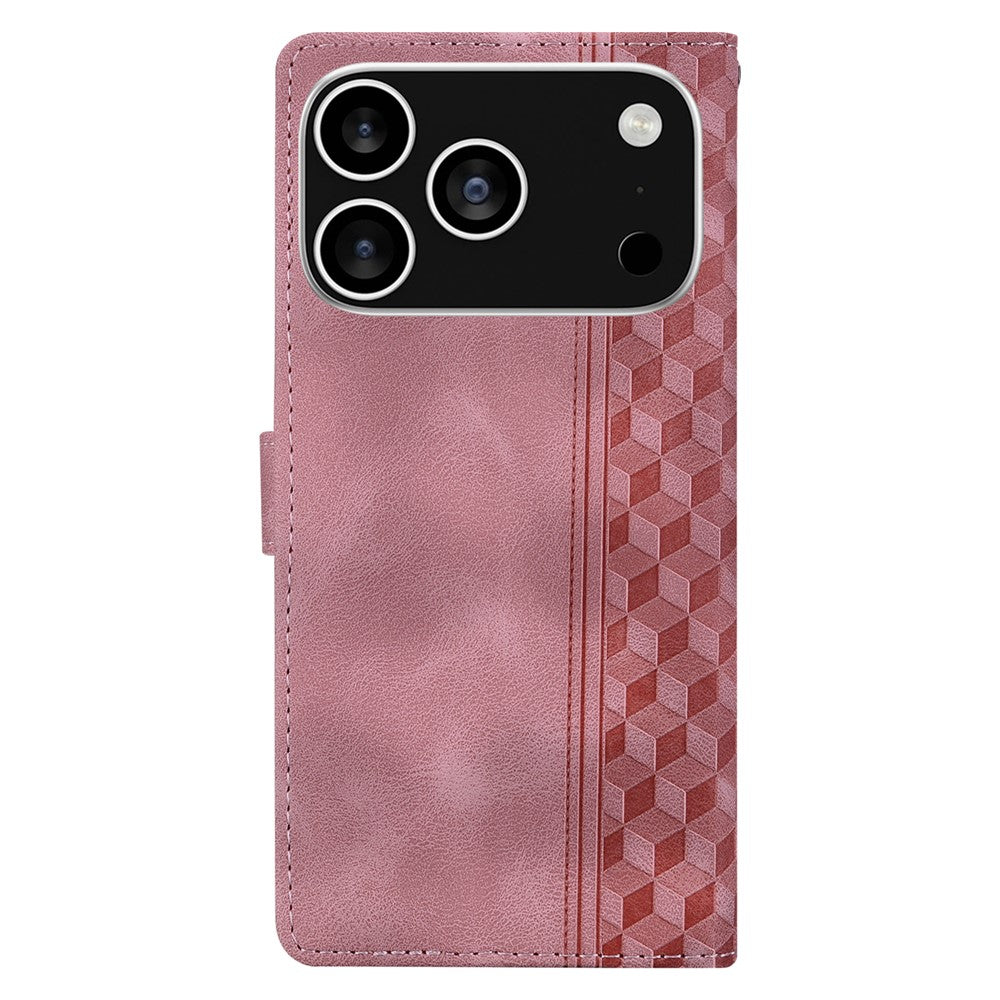 For iPhone 17 Pro Max Leather Case Imprinted Checkered Pattern Wallet Stand Flip Phone Cover - Pink