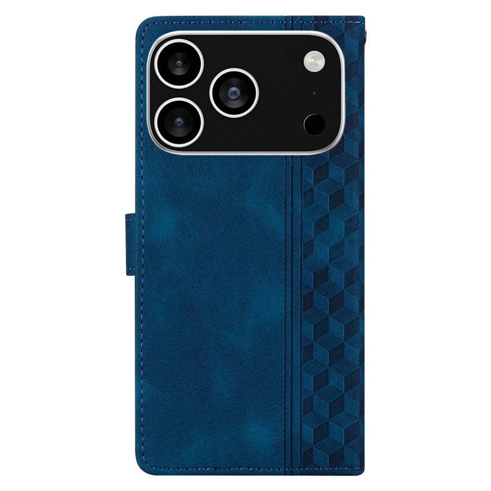 For iPhone 17 Pro Max Leather Case Imprinted Checkered Pattern Wallet Stand Flip Phone Cover - Blue