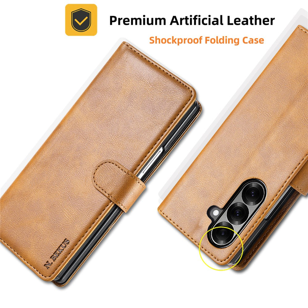 N.BEKUS CSJ-001 For Samsung Galaxy Z Fold7 5G Stand Case PU Leather Wallet Phone Cover - Brown