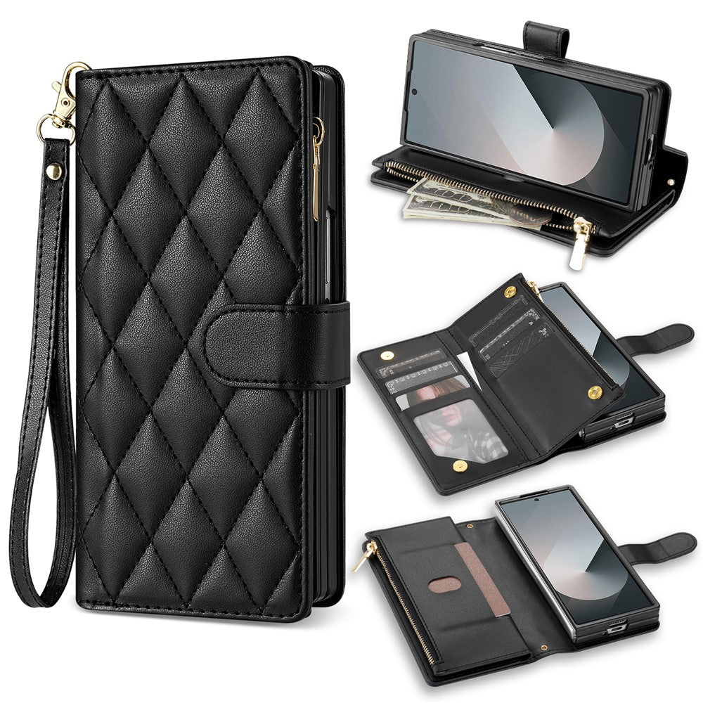 For Samsung Galaxy Z Fold7 5G Case Rhombus Stitching Leather Wallet Phone Cover with Long / Short Strap - Black