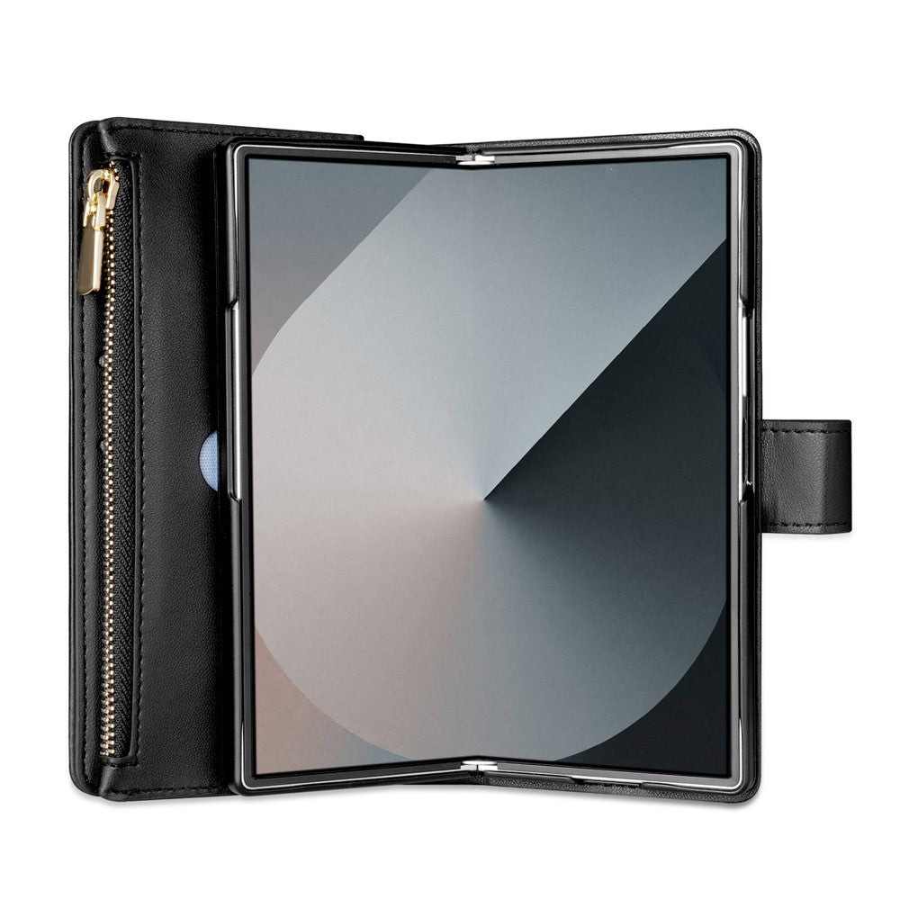 For Samsung Galaxy Z Fold7 5G Case Rhombus Stitching Leather Wallet Phone Cover with Long / Short Strap - Black