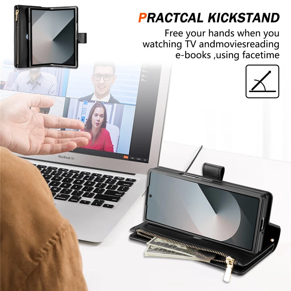 For Samsung Galaxy Z Fold7 5G Case Rhombus Stitching Leather Wallet Phone Cover with Long / Short Strap - Black