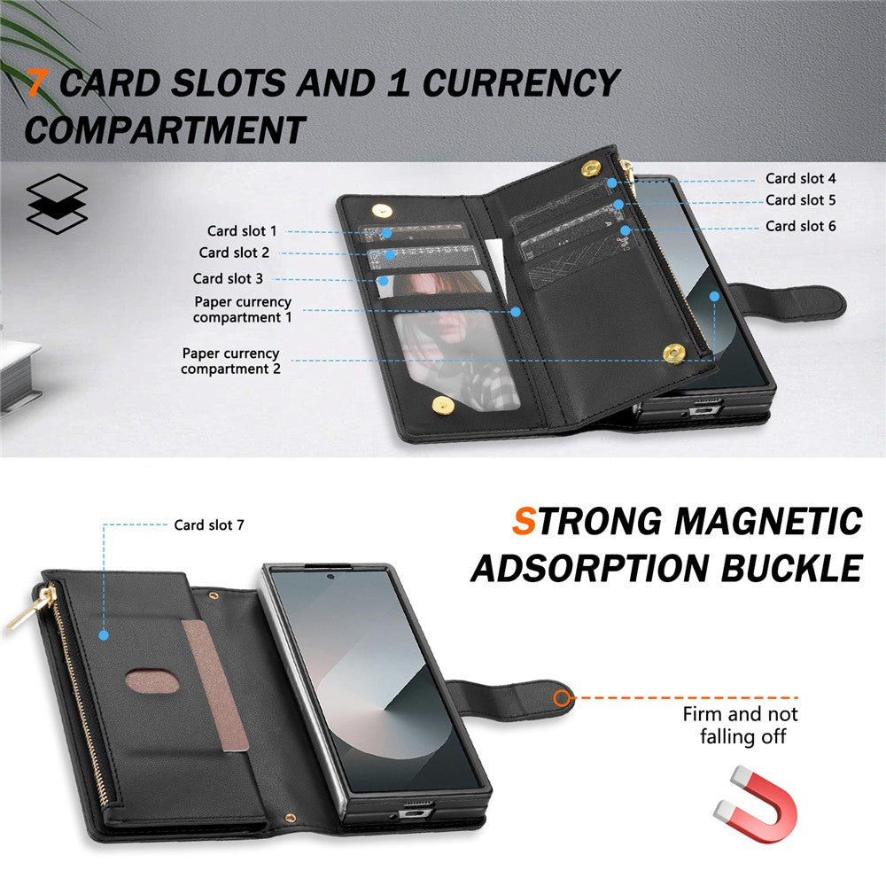 For Samsung Galaxy Z Fold7 5G Case Rhombus Stitching Leather Wallet Phone Cover with Long / Short Strap - Black