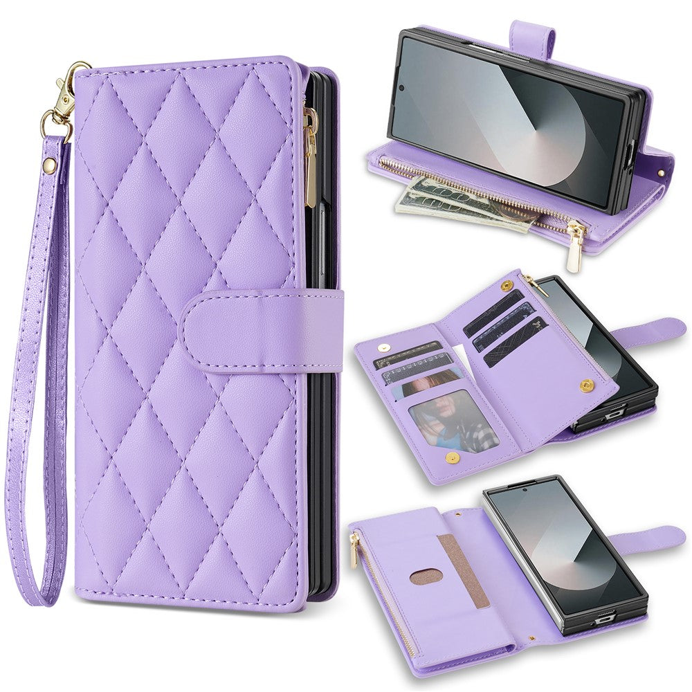 For Samsung Galaxy Z Fold7 5G Case Rhombus Stitching Leather Wallet Phone Cover with Long / Short Strap - Light Purple