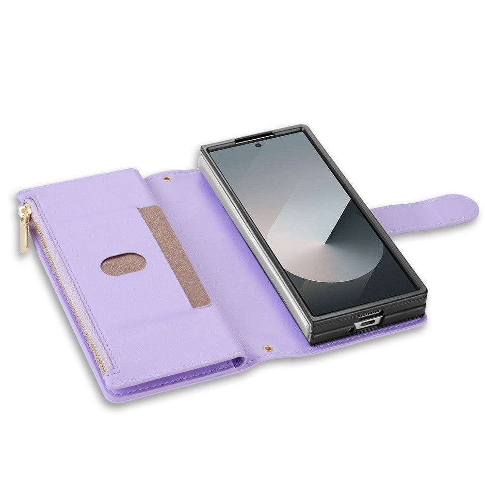 For Samsung Galaxy Z Fold7 5G Case Rhombus Stitching Leather Wallet Phone Cover with Long / Short Strap - Light Purple