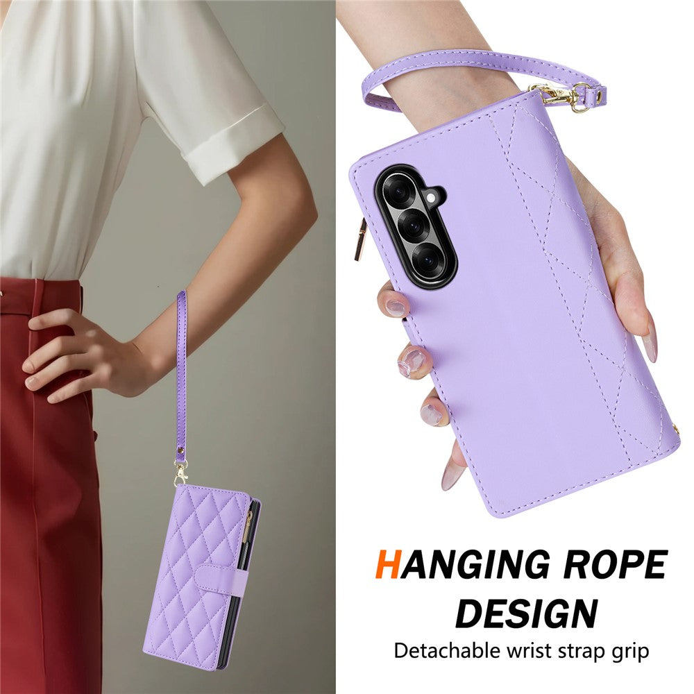 For Samsung Galaxy Z Fold7 5G Case Rhombus Stitching Leather Wallet Phone Cover with Long / Short Strap - Light Purple