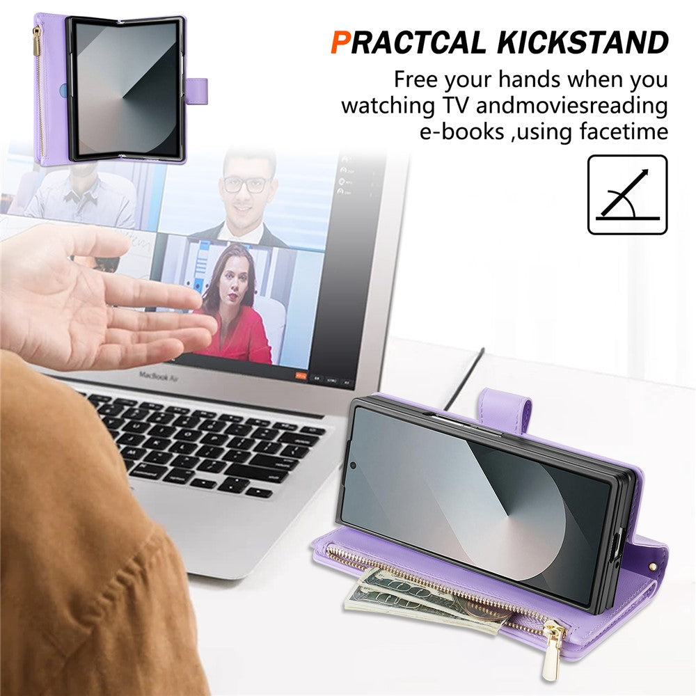 For Samsung Galaxy Z Fold7 5G Case Rhombus Stitching Leather Wallet Phone Cover with Long / Short Strap - Light Purple