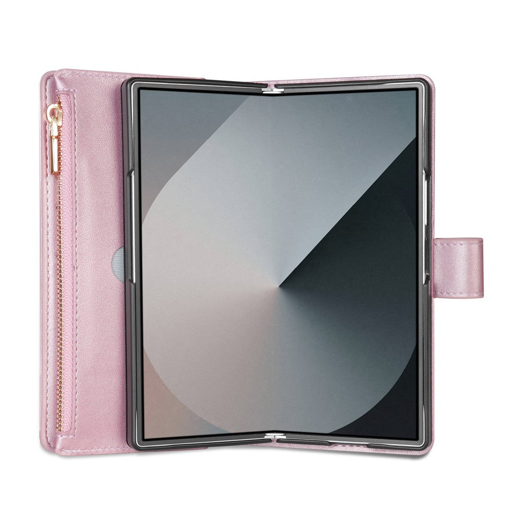 For Samsung Galaxy Z Fold7 5G Case Rhombus Stitching Leather Wallet Phone Cover with Long / Short Strap - Rose Gold