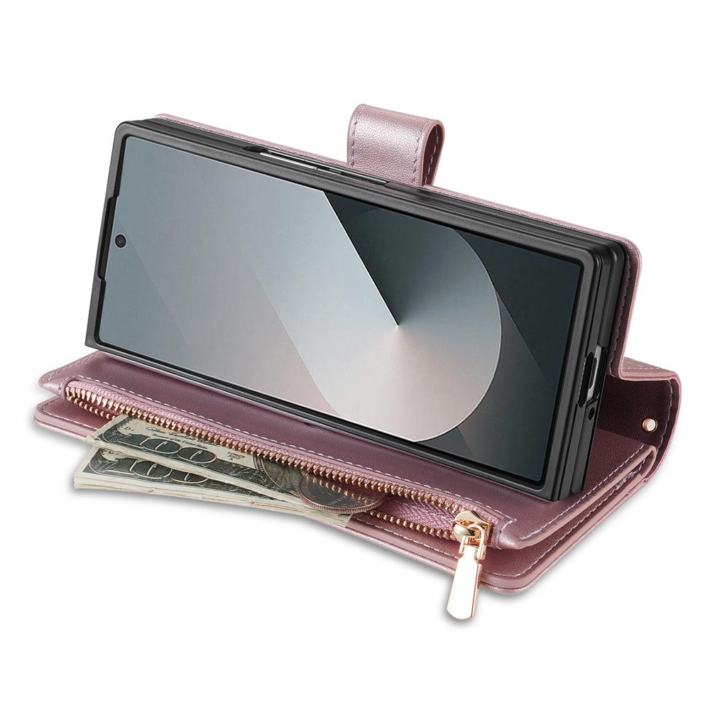 For Samsung Galaxy Z Fold7 5G Case Rhombus Stitching Leather Wallet Phone Cover with Long / Short Strap - Rose Gold