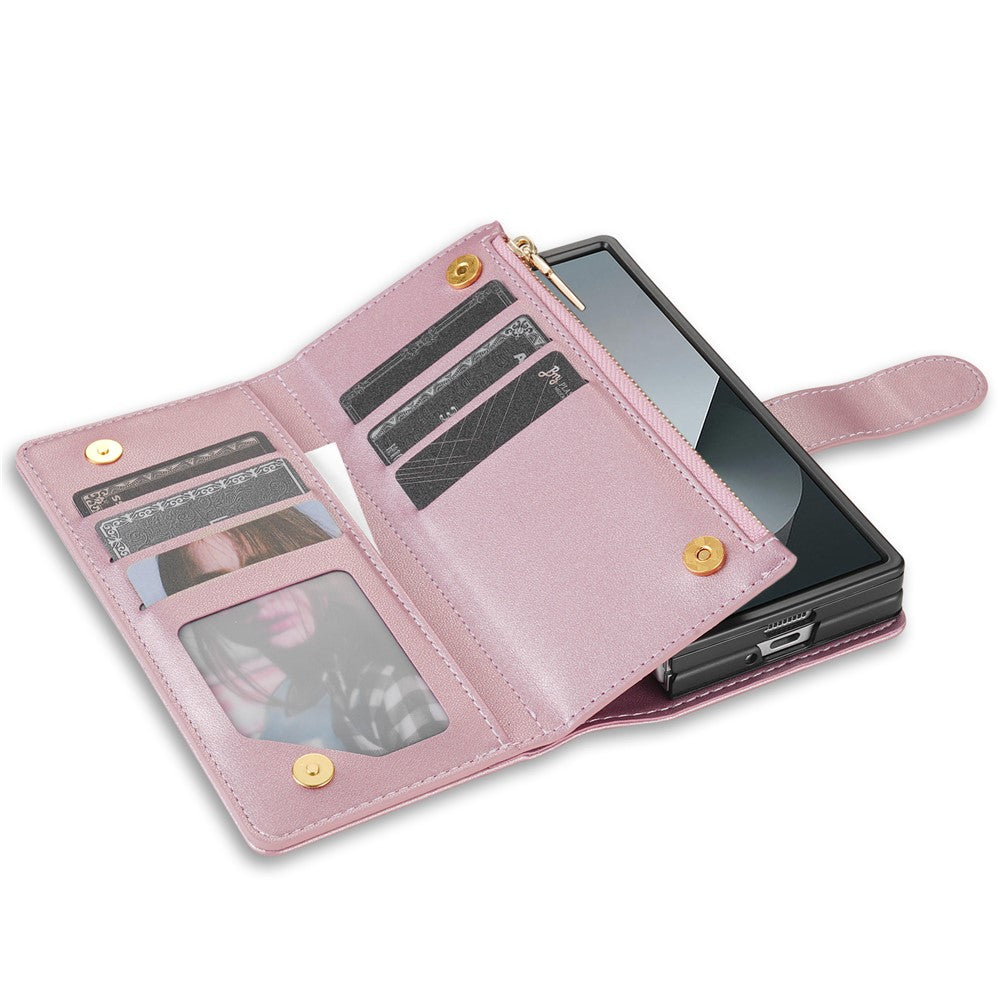 For Samsung Galaxy Z Fold7 5G Case Rhombus Stitching Leather Wallet Phone Cover with Long / Short Strap - Rose Gold