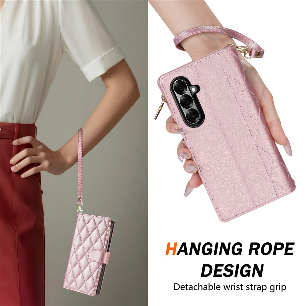 For Samsung Galaxy Z Fold7 5G Case Rhombus Stitching Leather Wallet Phone Cover with Long / Short Strap - Rose Gold