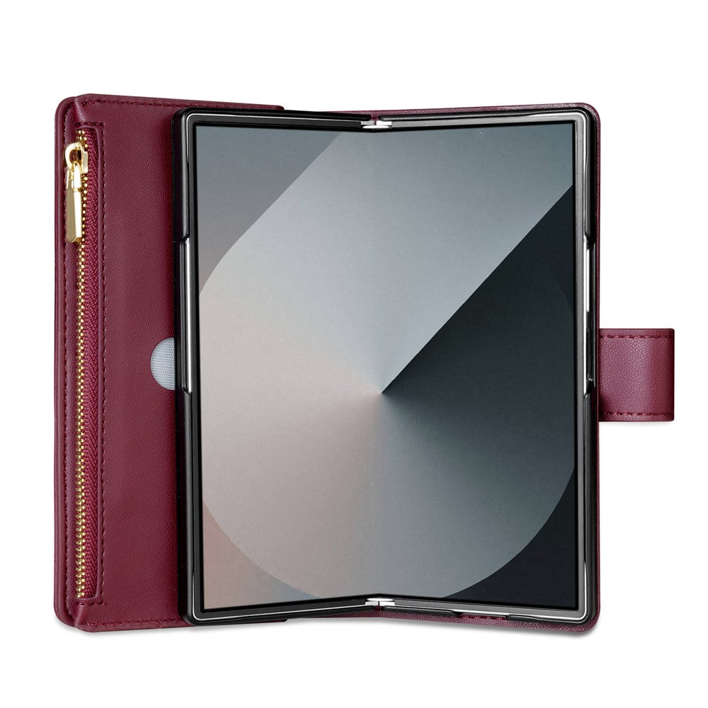 For Samsung Galaxy Z Fold7 5G Case Rhombus Stitching Leather Wallet Phone Cover with Long / Short Strap - Wine Red