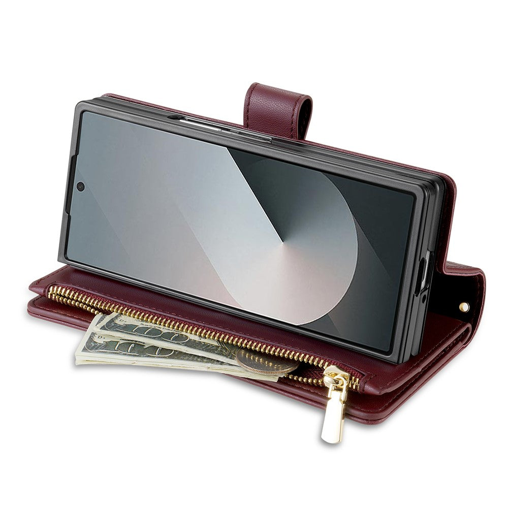 For Samsung Galaxy Z Fold7 5G Case Rhombus Stitching Leather Wallet Phone Cover with Long / Short Strap - Wine Red