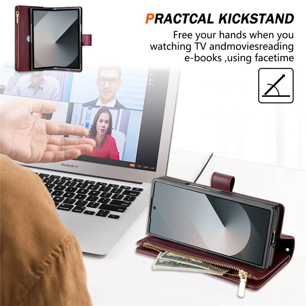 For Samsung Galaxy Z Fold7 5G Case Rhombus Stitching Leather Wallet Phone Cover with Long / Short Strap - Wine Red