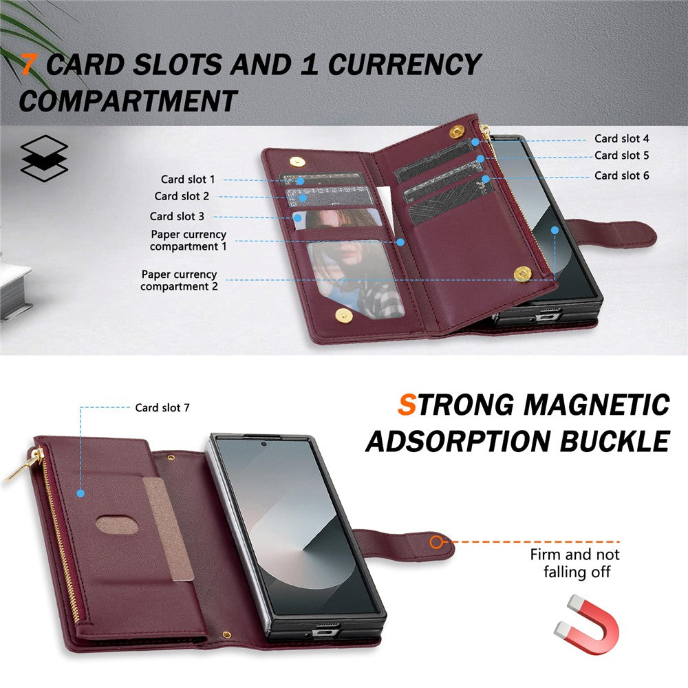 For Samsung Galaxy Z Fold7 5G Case Rhombus Stitching Leather Wallet Phone Cover with Long / Short Strap - Wine Red