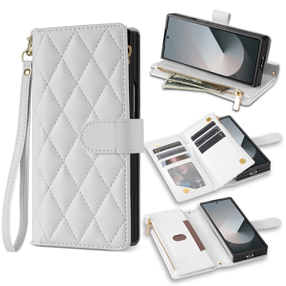 For Samsung Galaxy Z Fold7 5G Case Rhombus Stitching Leather Wallet Phone Cover with Long / Short Strap - White