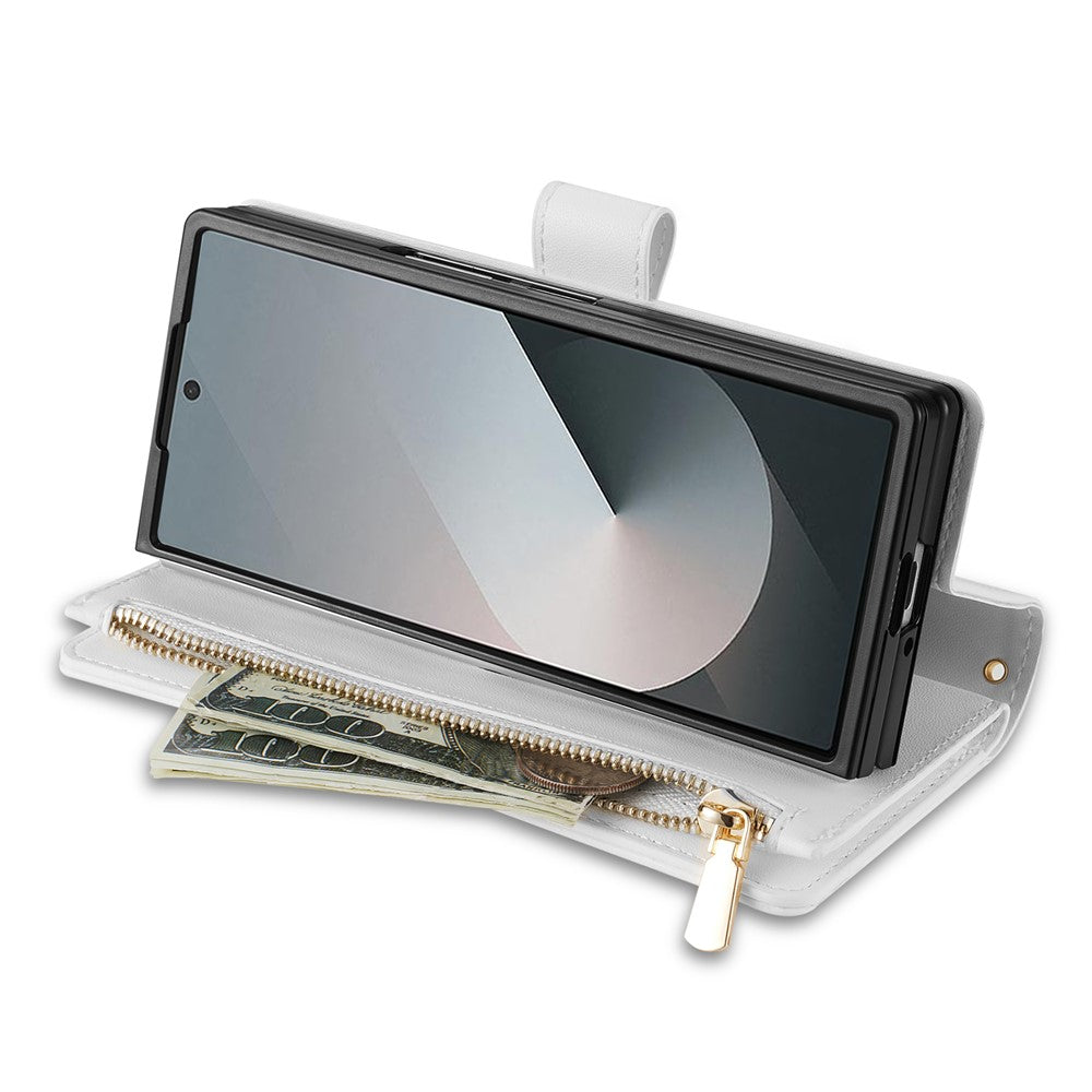 For Samsung Galaxy Z Fold7 5G Case Rhombus Stitching Leather Wallet Phone Cover with Long / Short Strap - White