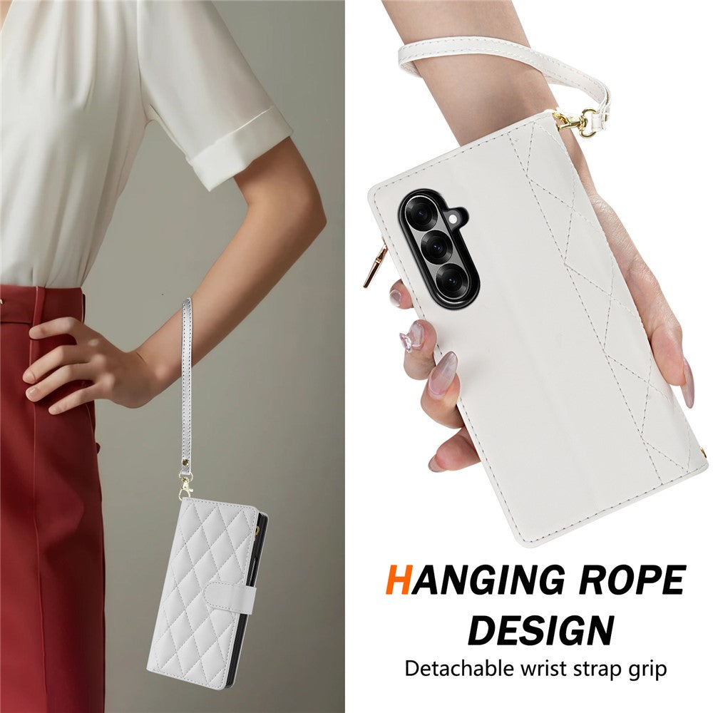 For Samsung Galaxy Z Fold7 5G Case Rhombus Stitching Leather Wallet Phone Cover with Long / Short Strap - White