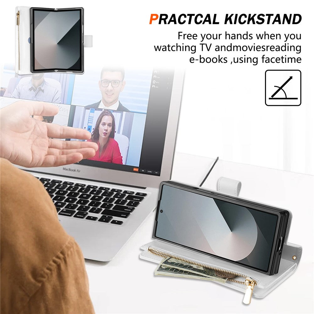 For Samsung Galaxy Z Fold7 5G Case Rhombus Stitching Leather Wallet Phone Cover with Long / Short Strap - White